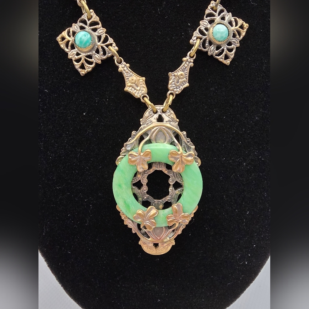 Czech Brass Shamrock Green Glass Necklace 16 Inch Antique 1920s 1930s Lucky - Picture 3 of 12